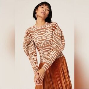 Ulla Johnson Livia Sweater S 100% Wool Jacquard Puff Sleeve Brown Cream